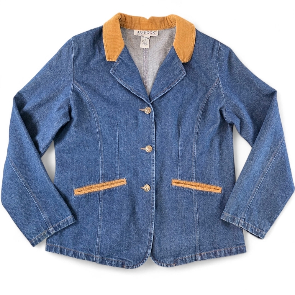 Vintage Denim Blazer Jacket Size 14 Women Corduroy Trim Coastal Cowgirl Nautical